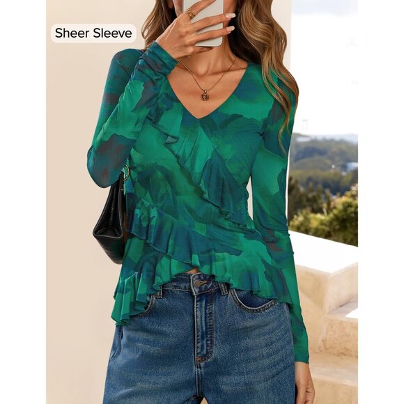 Women's Floral V Neck Ruffle Blouse Long Sleeve Fall Fashion Top - Picture 2 of 7